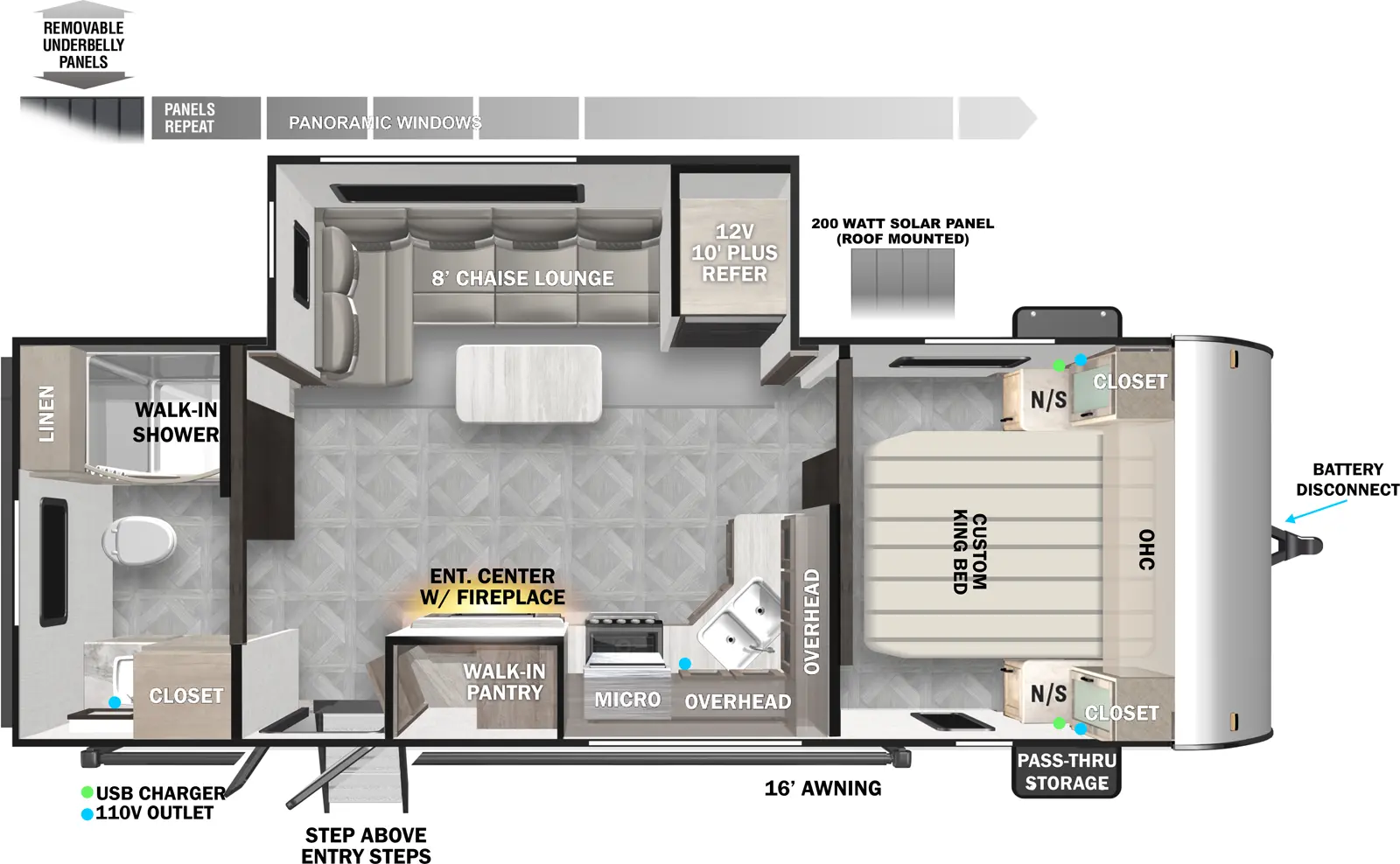 The 2230RB has one slideout and one entry. Exterior features battery disconnect, front pass through storage, 16 foot awning, StepAbove entry steps, removable underbelly panels, and roof-mounted 200W solar panel. Interior layout front to back: foot-facing king bed with overhead cabinet and clowets and night stands on each side; off-door side slideout with 12V refrigerator and 8 foot chaise lounge with table and panoramic window; kitchen with counter that wraps from inner wall to door side with sink and cooktop, and overhead cabinets with microwave; door side walk-in pantry and entertainment center with/fireplace, and entry door; rear full bathroom with linen closet and walk-in shower.